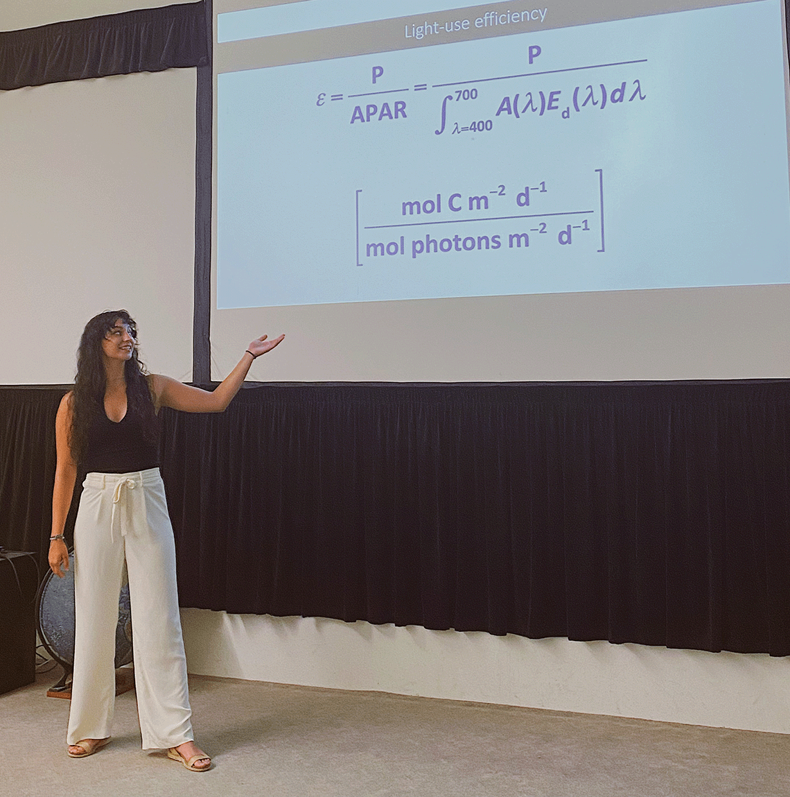 A woman stands in front of a projector screen, gesturing